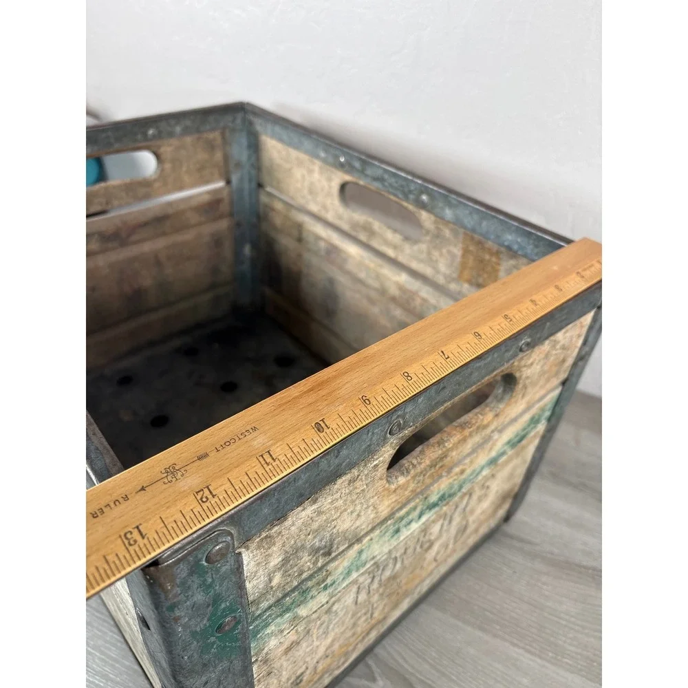 Vintage Roberts Wood Dairy Milk Crate Metal Reinforced Industrial Storage Box